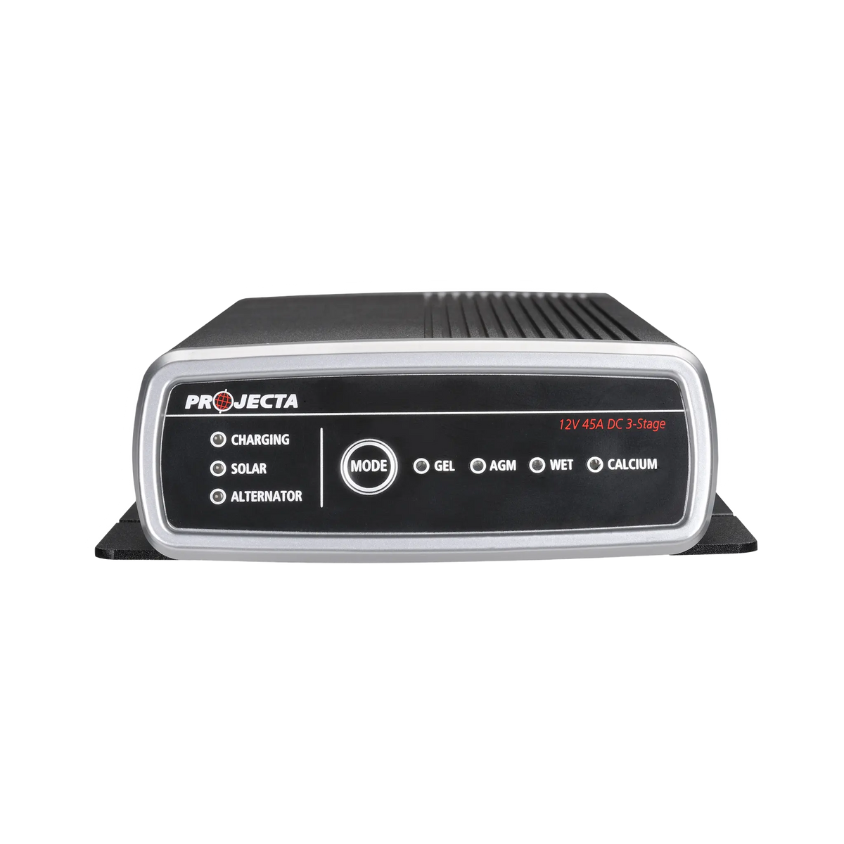 Projecta 45A 3-Stage DCDC charger control panel close up with the mode button and charging indicator lights.