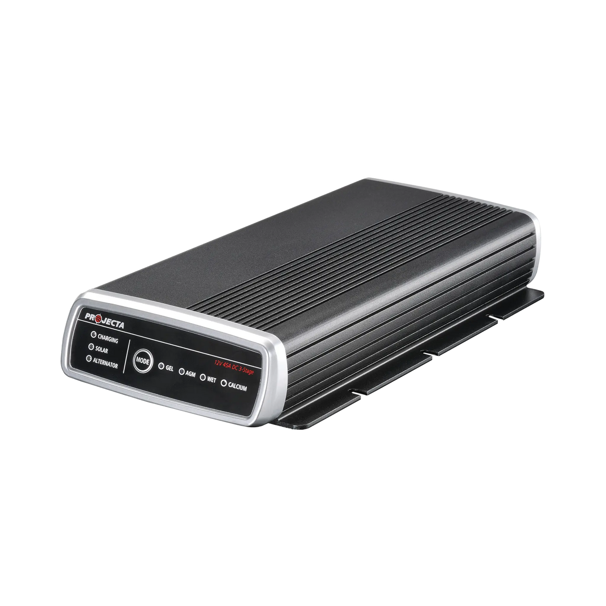 Projecta 45A 3-Stage DCDC charger front right view with a ribbed black housing and silver edged control panel.