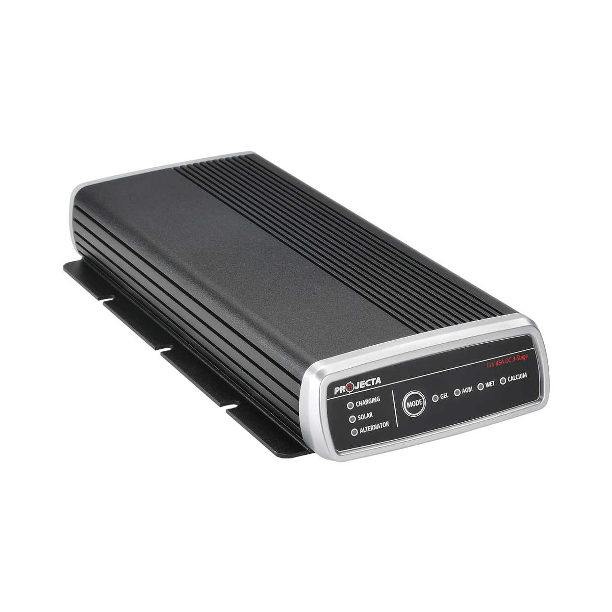 Projecta 45A 3-Stage DCDC charger front left view with top cooling fins and side mounting slots.