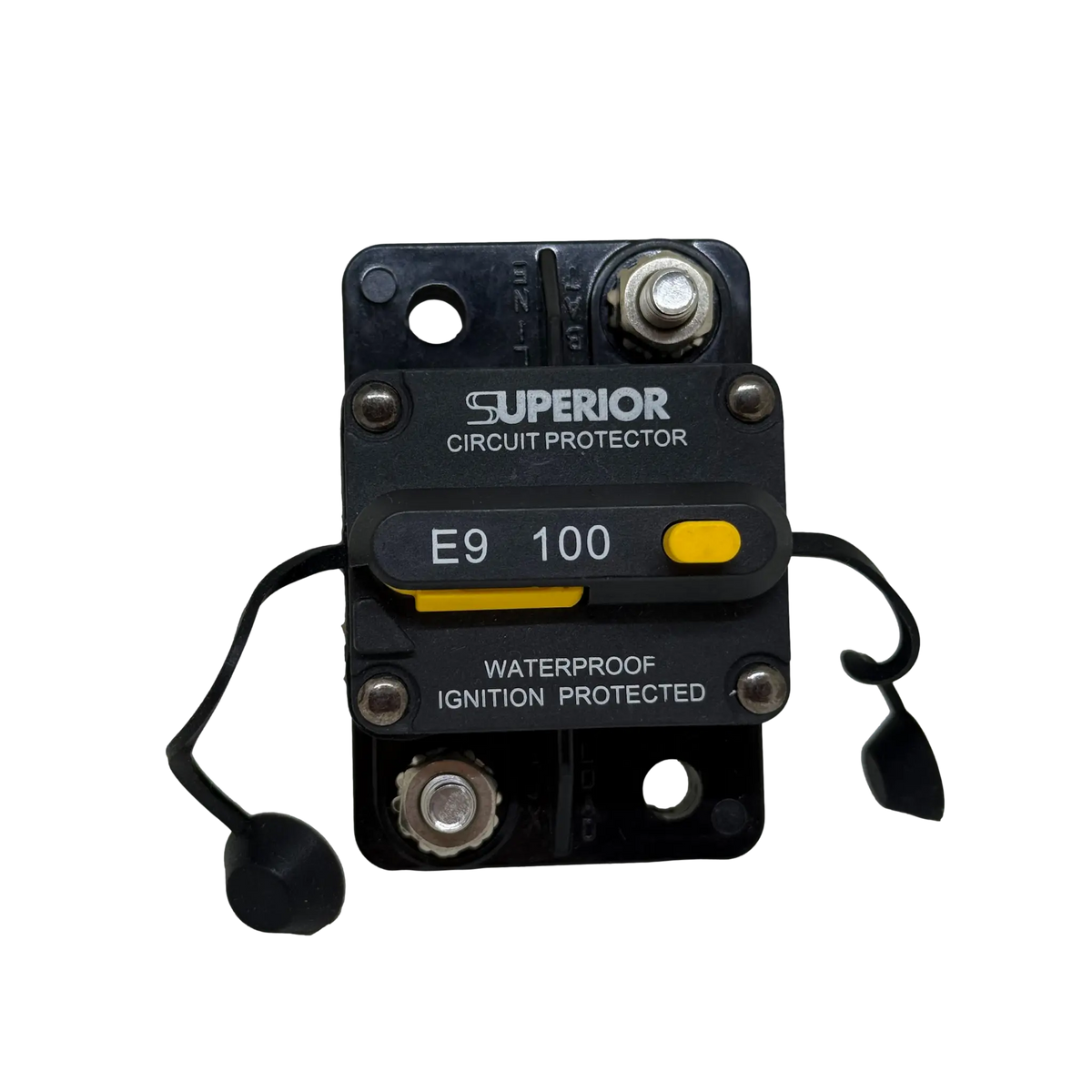 Rekcharge 100A Inline Waterproof Resettable Circuit Breaker front view with terminal covers.