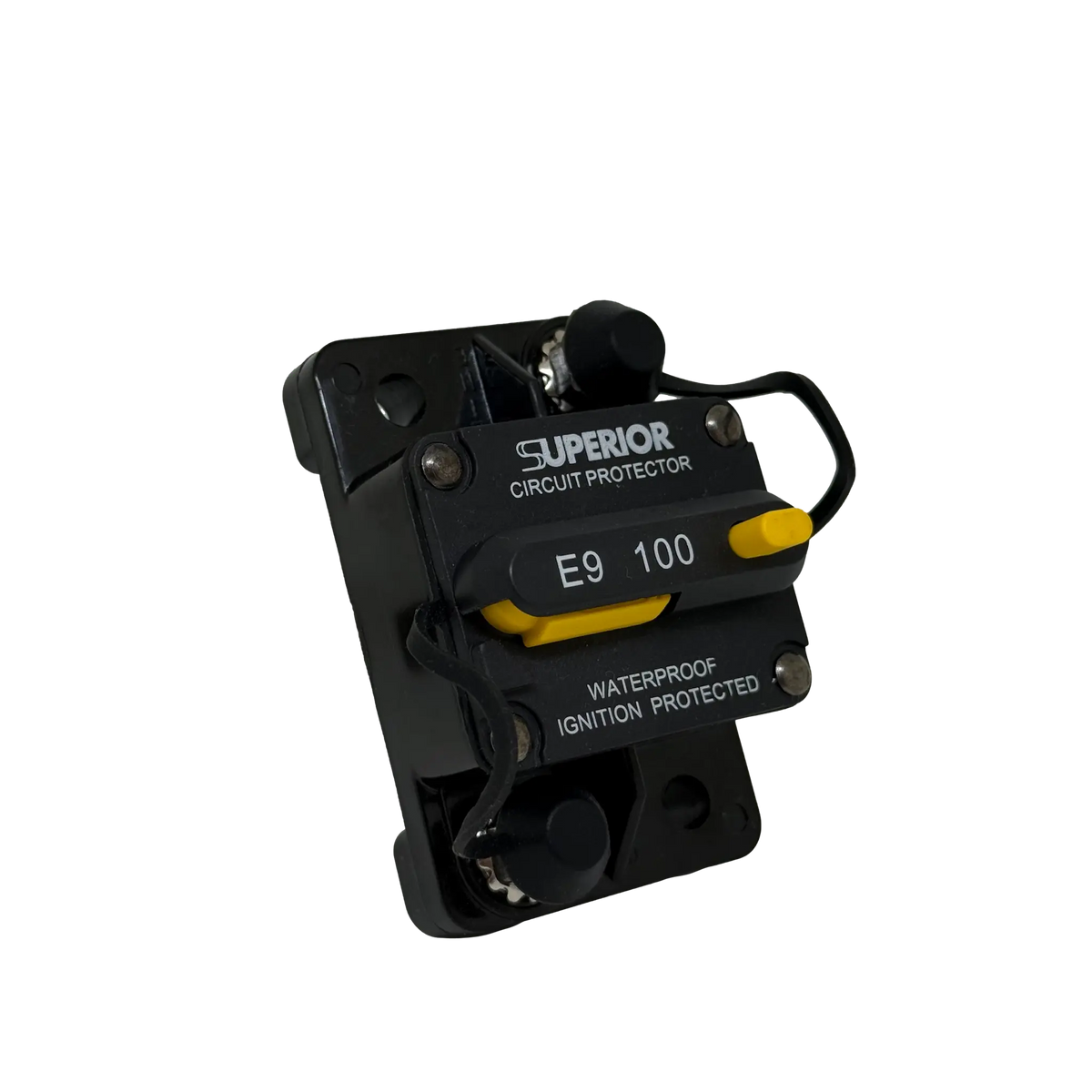 Rekcharge 100A Inline Waterproof Resettable Circuit Breaker front left product view.