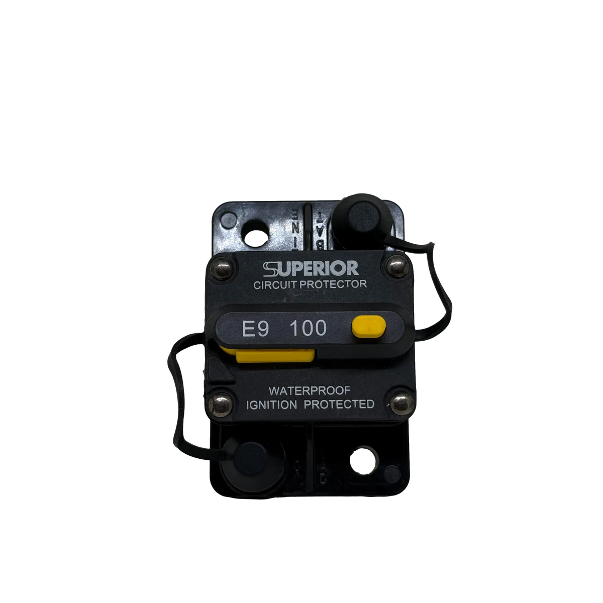 Rekcharge 100A Inline Waterproof Resettable Circuit Breaker front view.