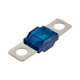 Rekcharge 100A Midi fuse angled view with transparent blue housing and two silver mounting tabs.