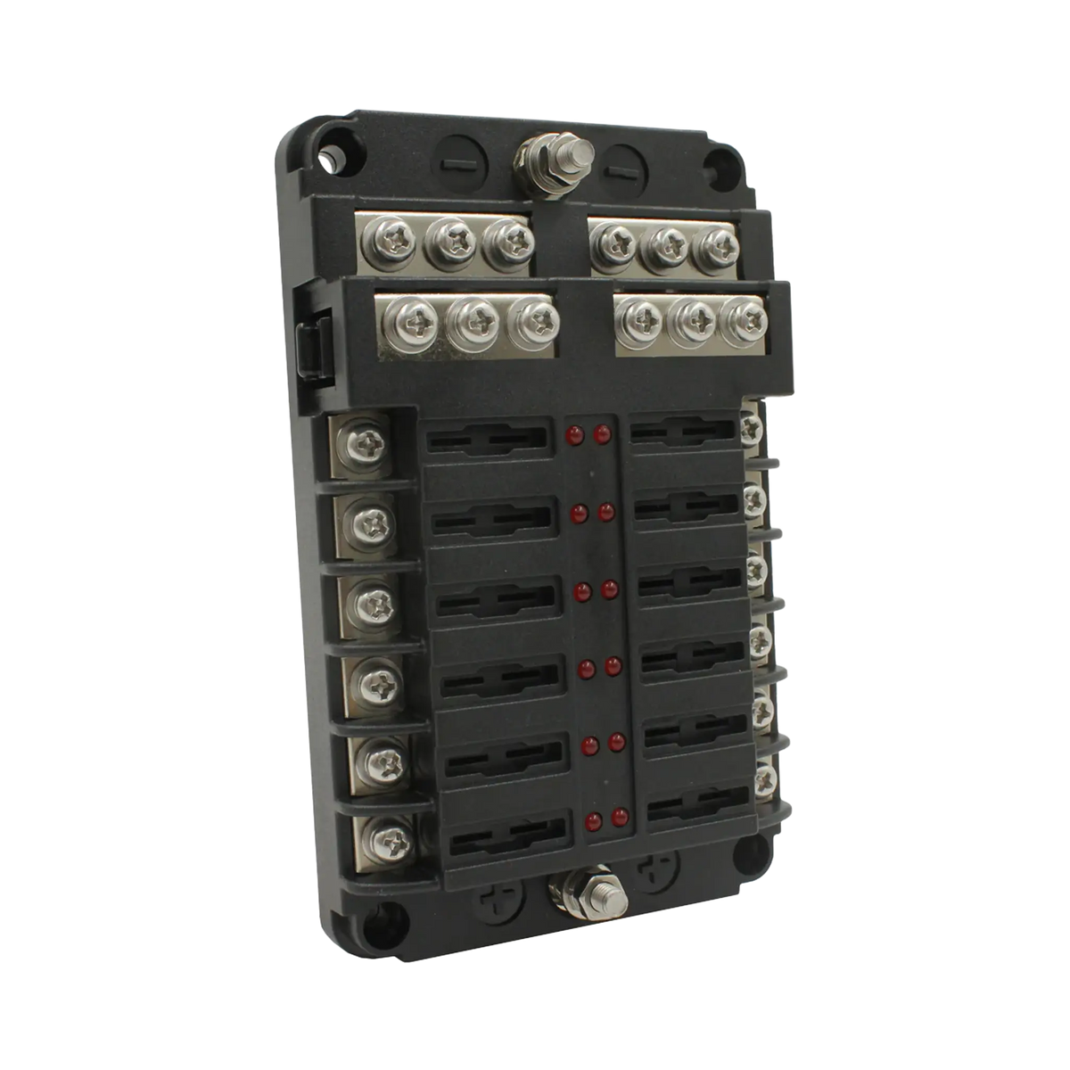 Rekcharge 12 way fuse block in a front left view with the cover removed and screw terminals exposed.