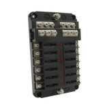 Rekcharge 12 way fuse block in a front left view with the cover removed and screw terminals exposed.