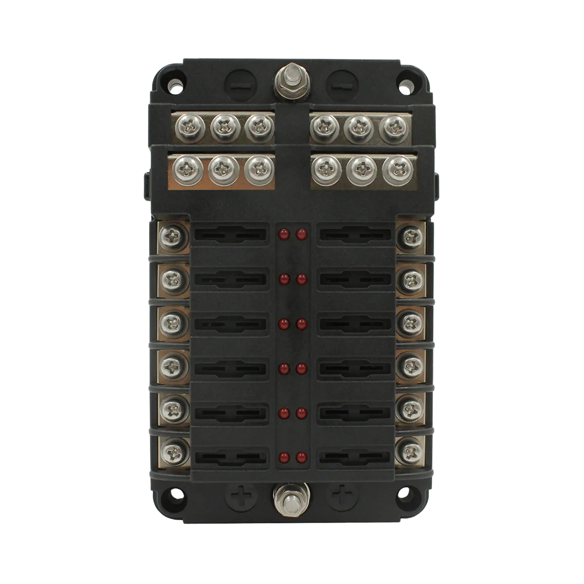 Rekcharge 12 way fuse block front view with twelve empty fuse slots, LED indicators and screw terminals.