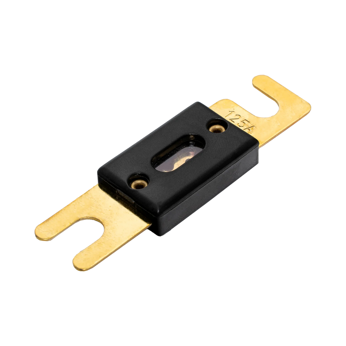 Rekcharge 125A ANL fuse in an angled view with gold fork terminals and black centre housing.