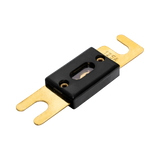Rekcharge 125A ANL fuse in an angled view with gold fork terminals and black centre housing.