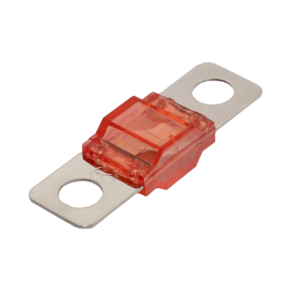 Rekcharge 125A Midi fuse angled view with transparent red housing and two silver mounting tabs.