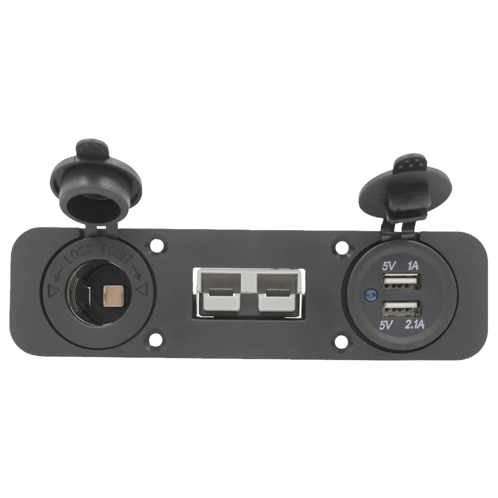 Rekcharge 12V flush mount panel front view with an Anderson plug, twin USB ports and a cigarette lighter socket.