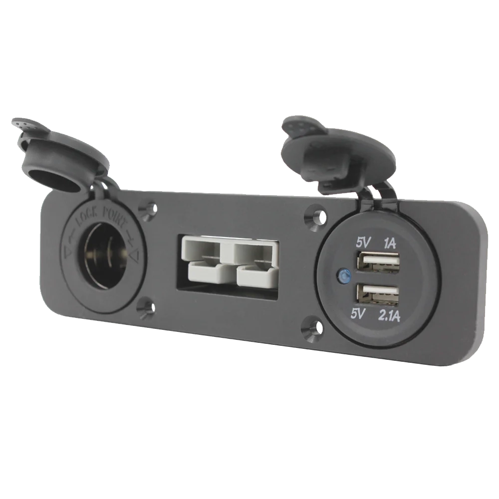 Rekcharge 12V three way flush mount panel angled front view with the socket covers open.