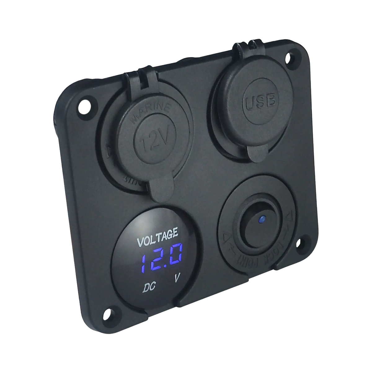 Rekcharge 12V 4-Way Flush Mount Panel with Toggle Switch, Twin USBs, Cigarette Lighter Socket & Voltmeter