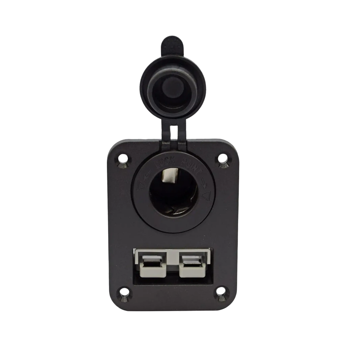 Rekcharge 12V dual flush mount panel front view with the cigarette lighter socket open above the Anderson plug.