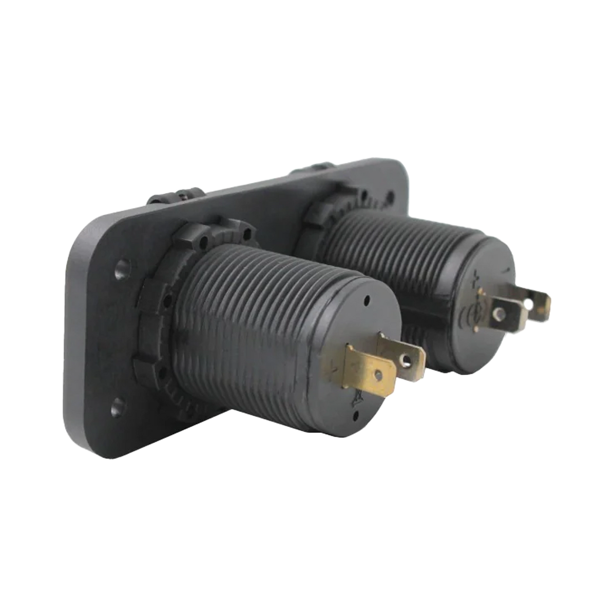 Rekcharge 12V cigarette lighter and twin USB panel in an angled rear view with mounting nuts and terminals.