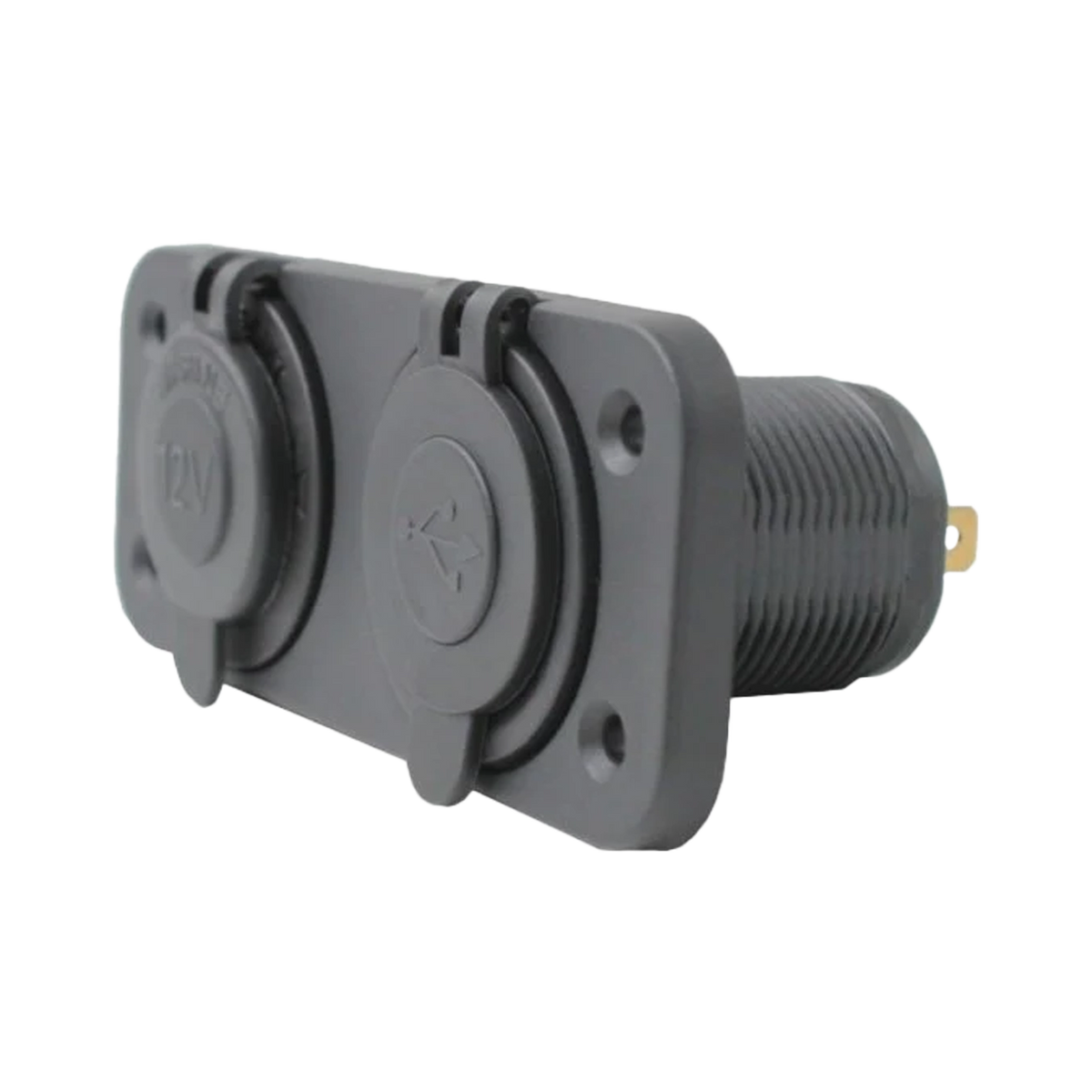 Rekcharge 12V cigarette lighter and twin USB panel in a front right view with both caps closed.