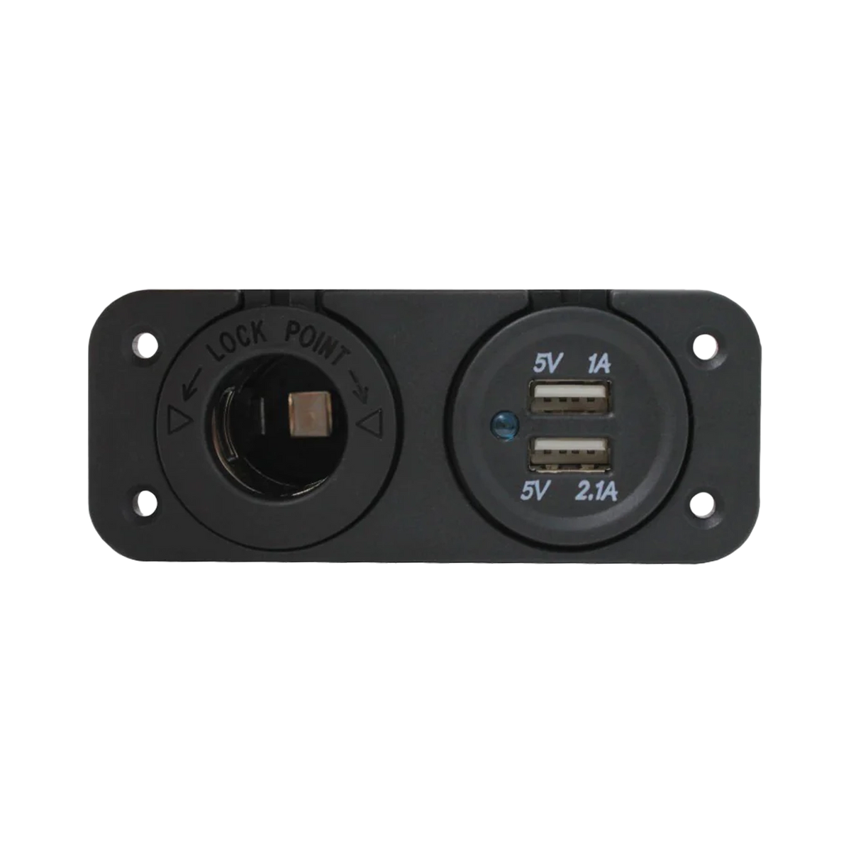Rekcharge 12V cigarette lighter and twin USB panel front view with both USB ports and the round socket exposed.