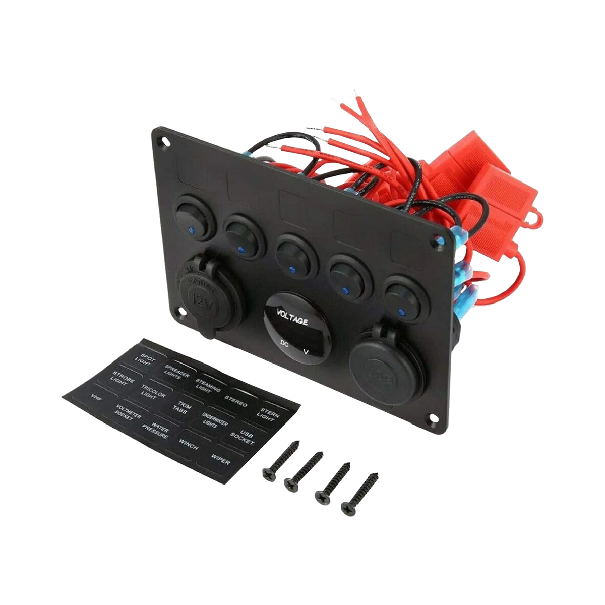 rekcharge-12v-flush-mount-multi-panel-w-5-toggle-switches-twin-usbs-cigarette-lighter-socket-voltmeter-top