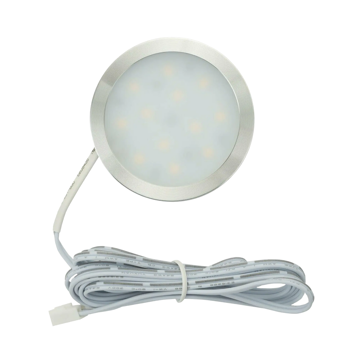 Rekcharge 12V silver cool white LED downlight front view with its round diffuser and coiled lead.