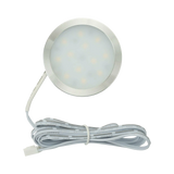Rekcharge 12V silver warm white LED downlight front view with a round diffuser and coiled lead.