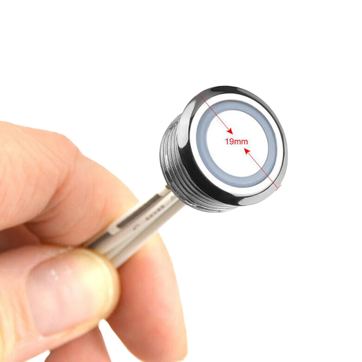 Rekcharge 12V LED touch dimmer switch held in a hand with its 19mm face diameter marked.