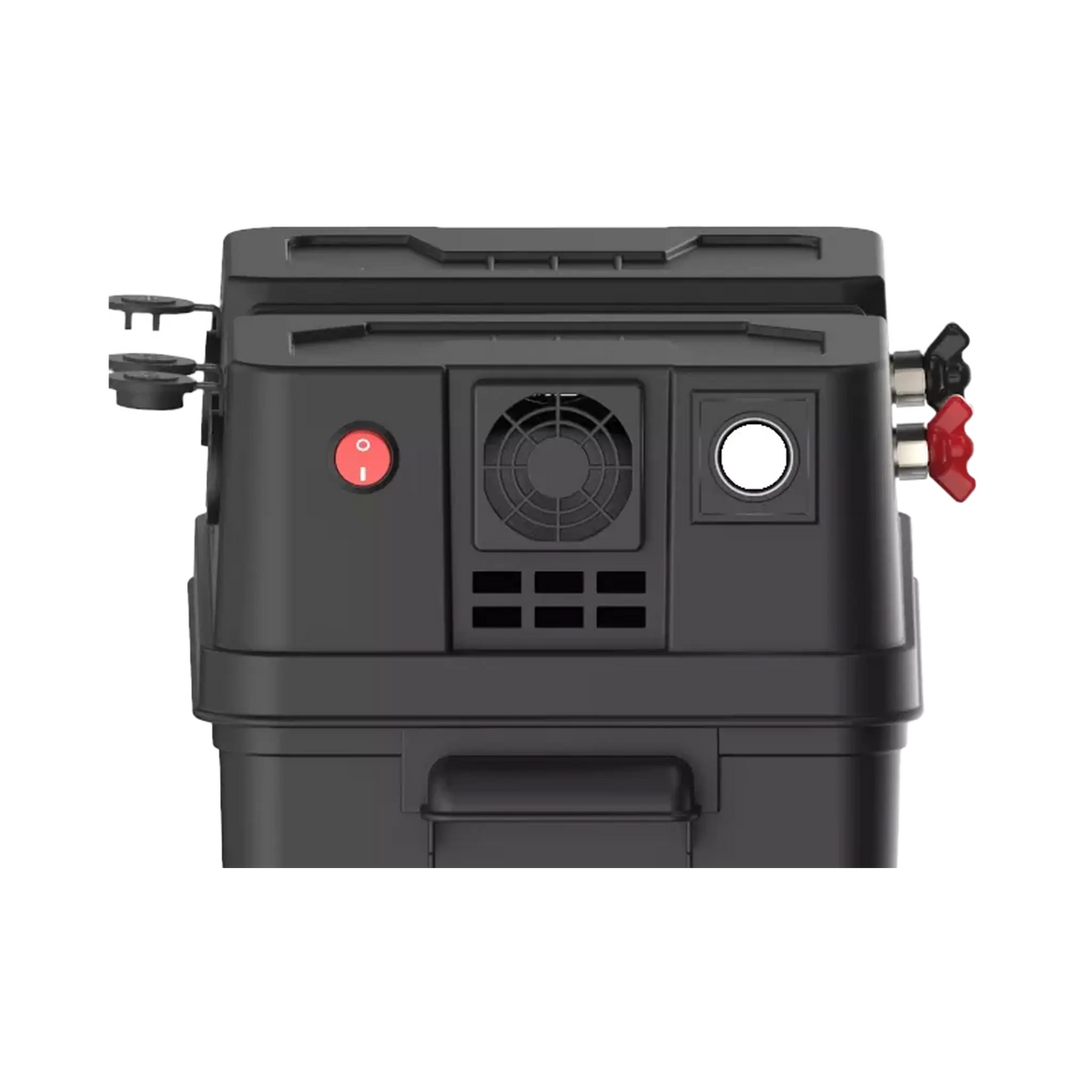Rekcharge 12V portable battery box front close up with a red power switch, fan grille and LED light.