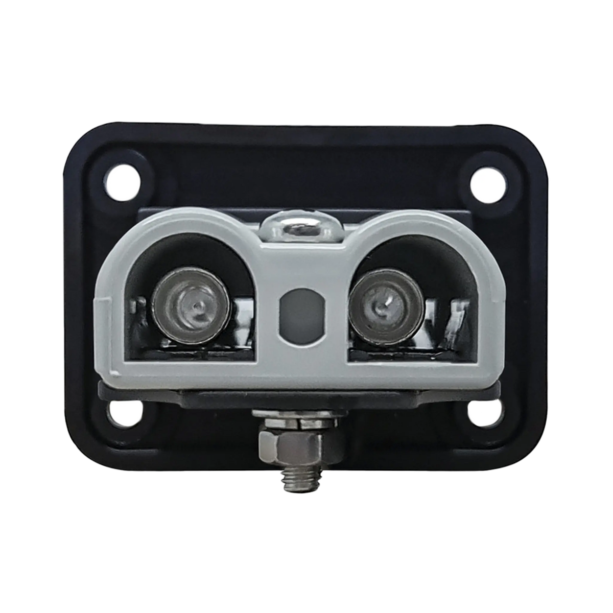 Rekcharge 12V single flush mount panel rear view with the Anderson plug contact barrels and mounting bolt visible.