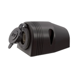 Rekcharge 12V single surface mount cigarette lighter socket in a front right view with its cap open.