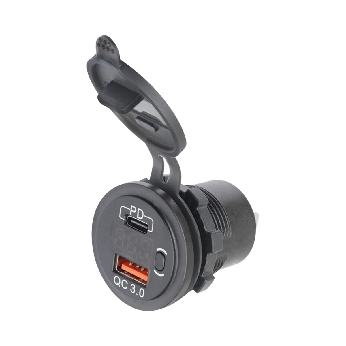 Rekcharge 12V USB and USB-C voltmeter socket with its cap open, two charging ports and an unlit display.