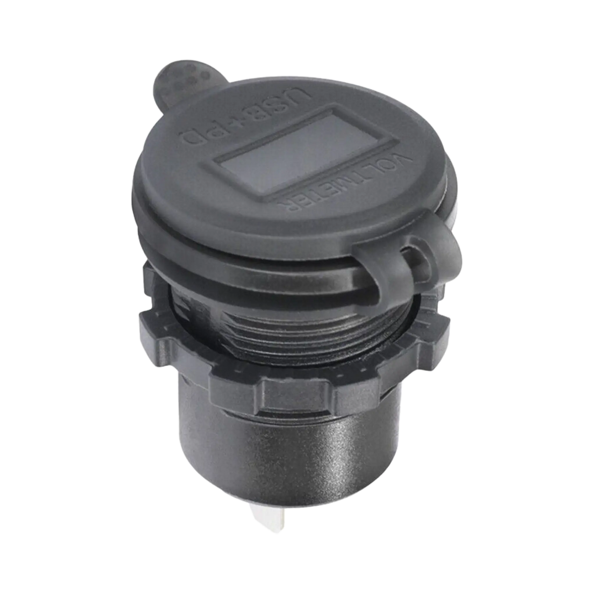 Rekcharge 12V USB and USB-C voltmeter socket with its cap closed and the display window visible.