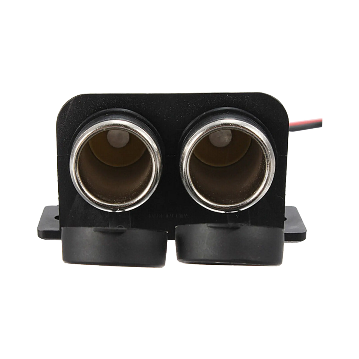 Rekcharge 12V twin cigarette lighter sockets front view with both openings exposed and the caps hanging below.