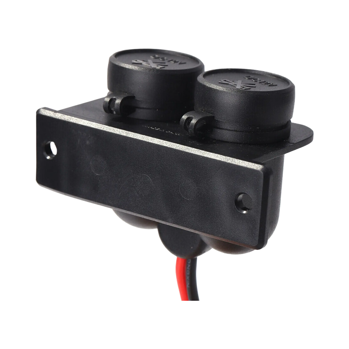 Rekcharge 12V twin cigarette lighter sockets viewed across the mounting bracket with both caps closed.