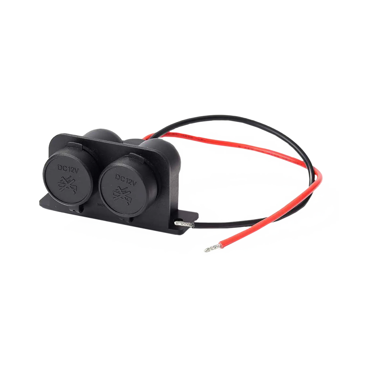 Rekcharge 12V twin cigarette lighter sockets with closed caps, mounting bracket and positive and negative leads.
