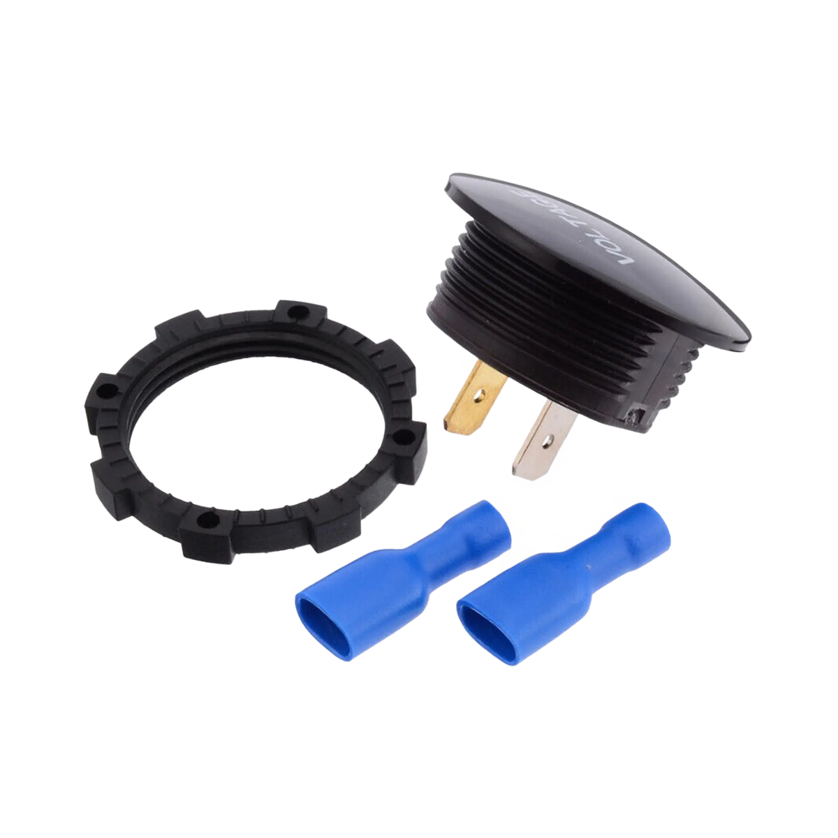Rekcharge 12V voltmeter socket side view with its threaded body, mounting nut and loose blue terminals.