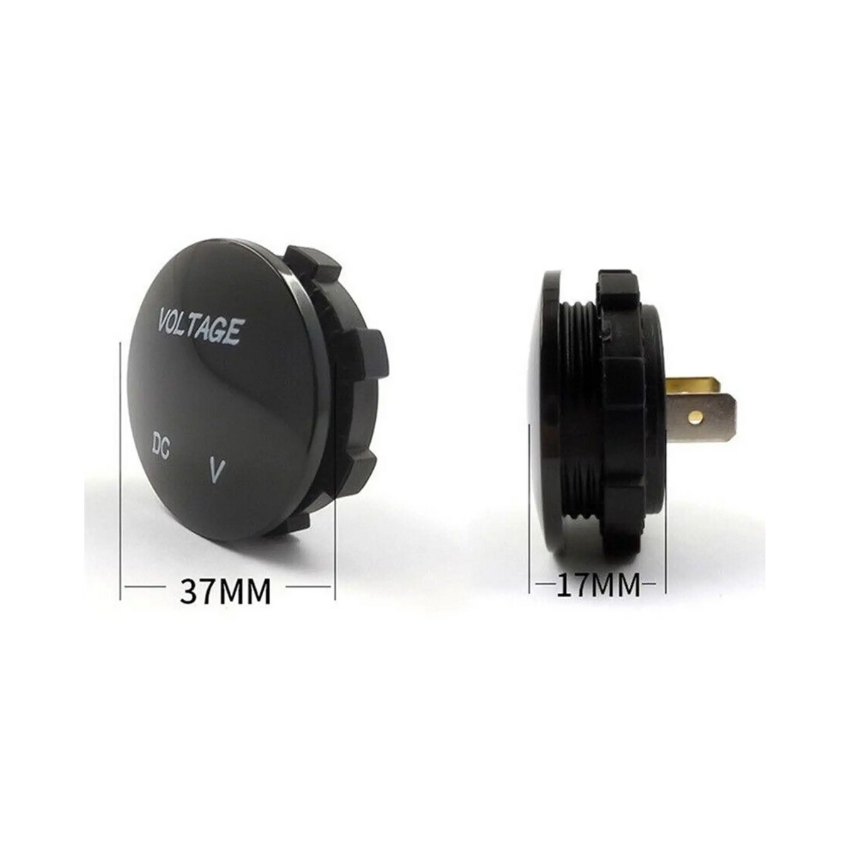 Rekcharge 12V voltmeter socket front and side dimensions diagram with a 37mm face width and 17mm body depth.