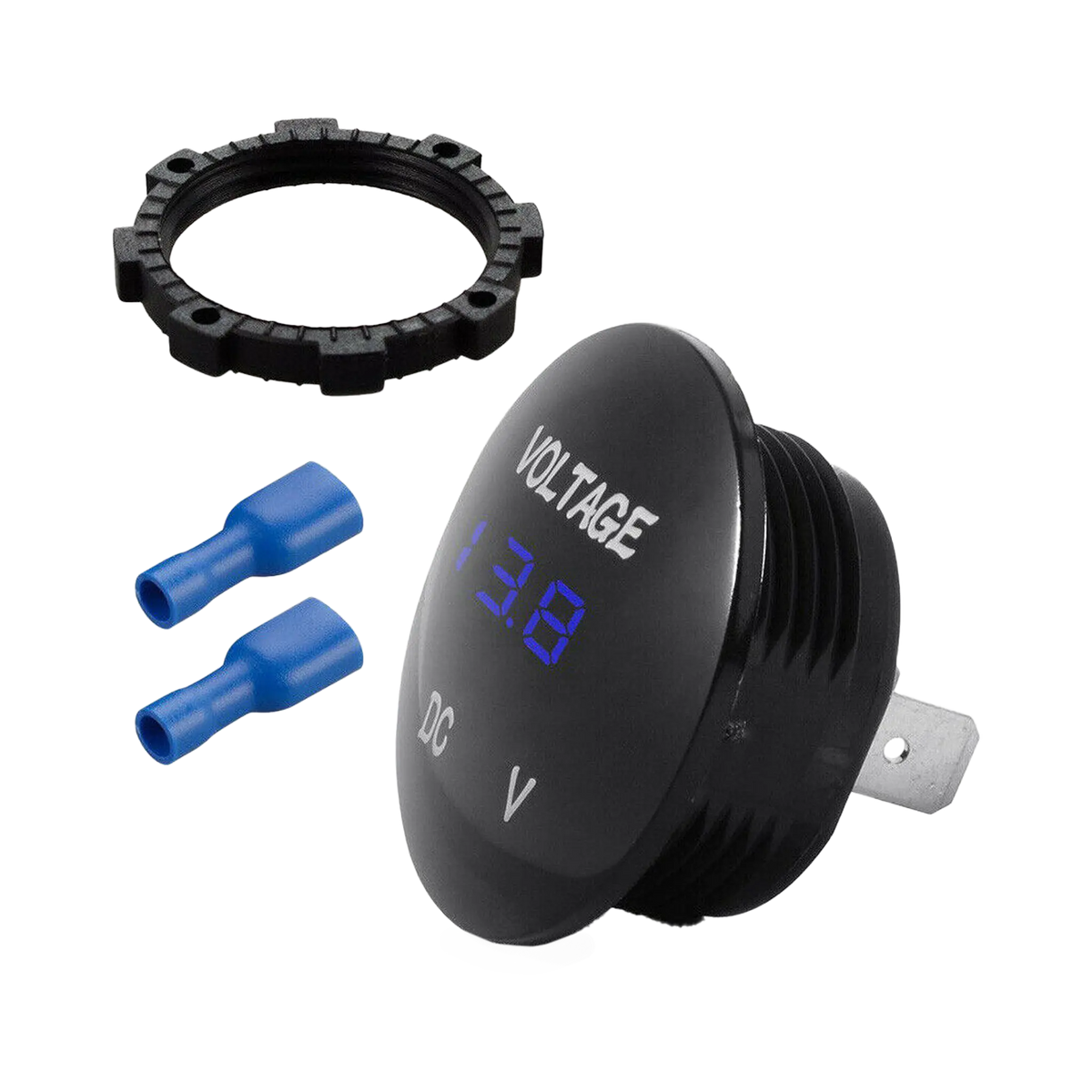 Rekcharge 12V voltmeter socket in an angled front view beside a mounting nut and two blue terminals.