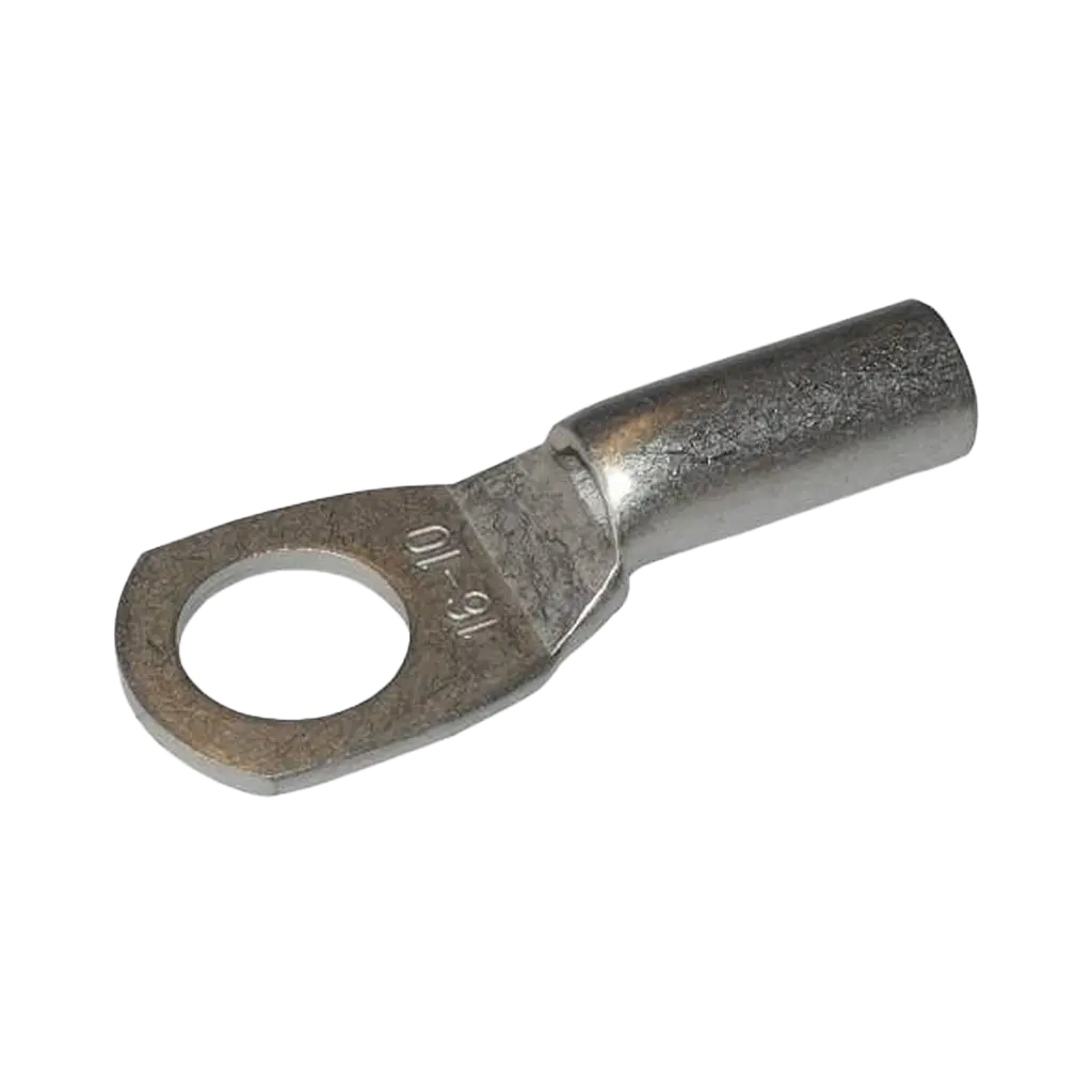 Rekcharge 16mm battery cable lug with a 10mm hole, angled to show its crimp barrel and stamped size.