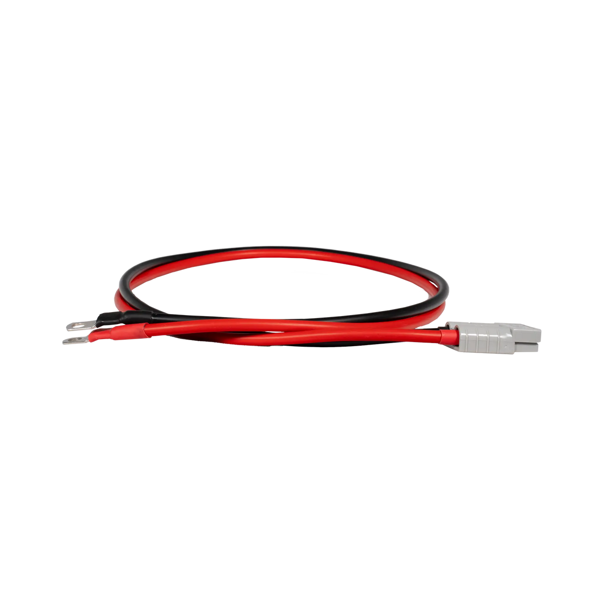 Rekcharge 1m 8 B&S battery cable side view with coiled leads, a grey Anderson plug and ring terminals.