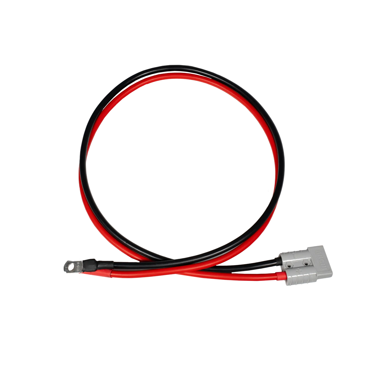 Rekcharge 1m 8 B&S battery cable with a grey Anderson plug and positive and negative leads terminated with ring terminals.