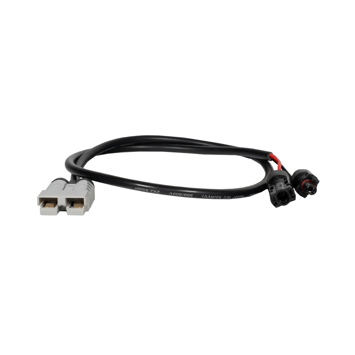 Rekcharge 1m MC4 to 50A Anderson solar cable in a low front view with its coiled cable and connector openings visible.