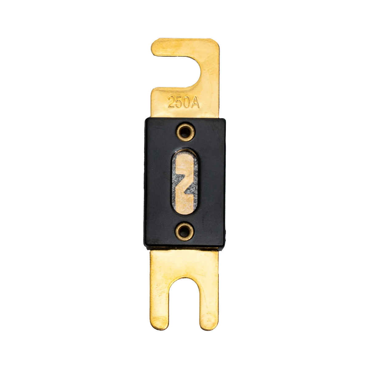 Rekcharge 250A ANL fuse straight top view showing the amperage marking, housing and fork terminals.