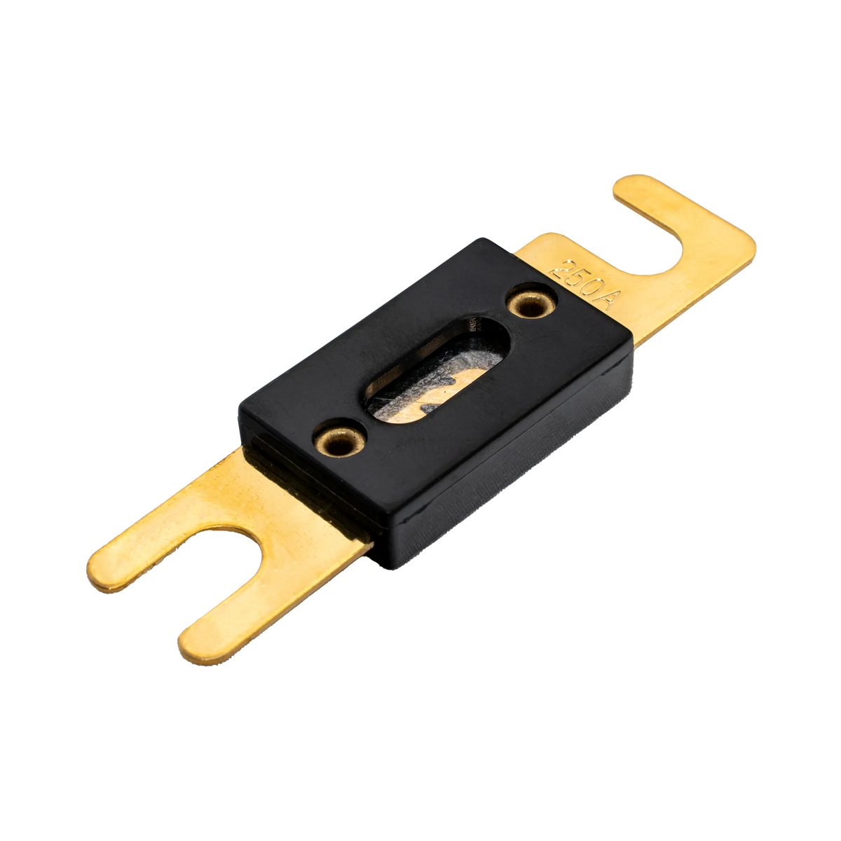 Rekcharge 250A ANL fuse in an angled view with gold fork terminals and black centre housing.