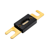 Rekcharge 250A ANL fuse in an angled view with gold fork terminals and black centre housing.