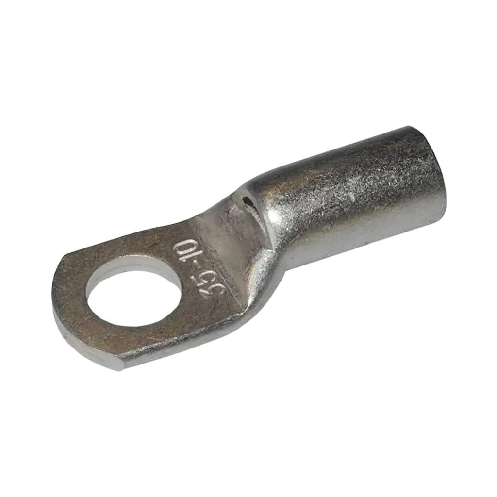 Rekcharge 35mm battery cable lug with a 10mm hole, angled to show its crimp barrel and stamped size.