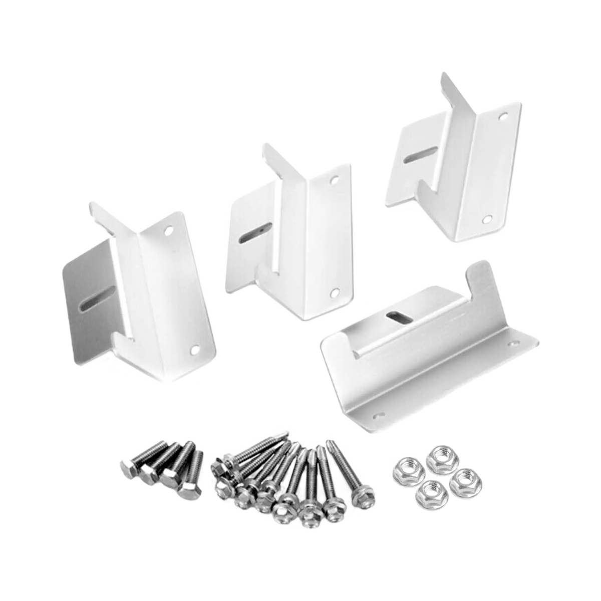 Rekcharge 4 piece aluminium solar mounting kit with brackets stood at different angles beside the screws and bolts.