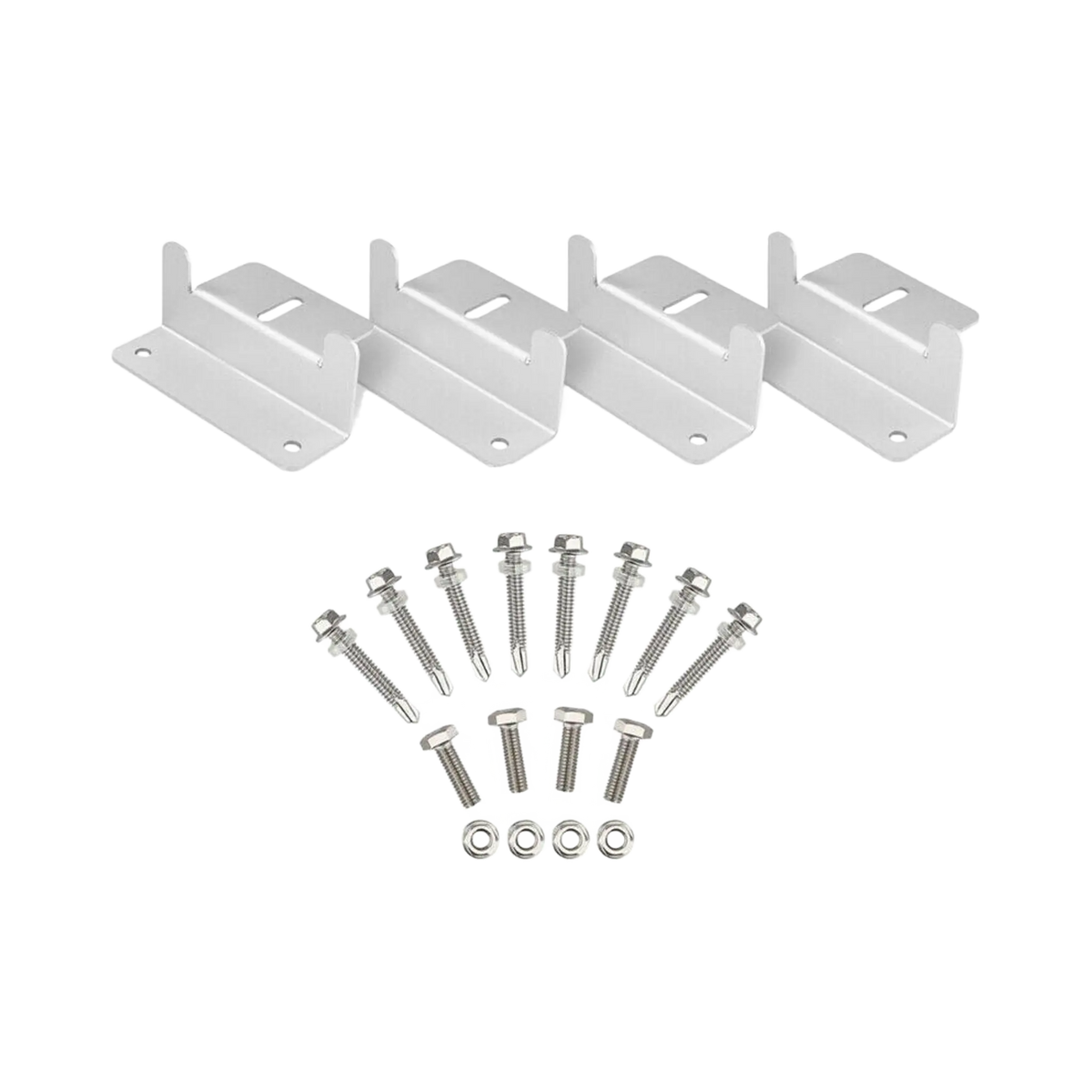 Rekcharge 4 piece aluminium solar mounting kit with brackets in a row and screws and bolts laid out.