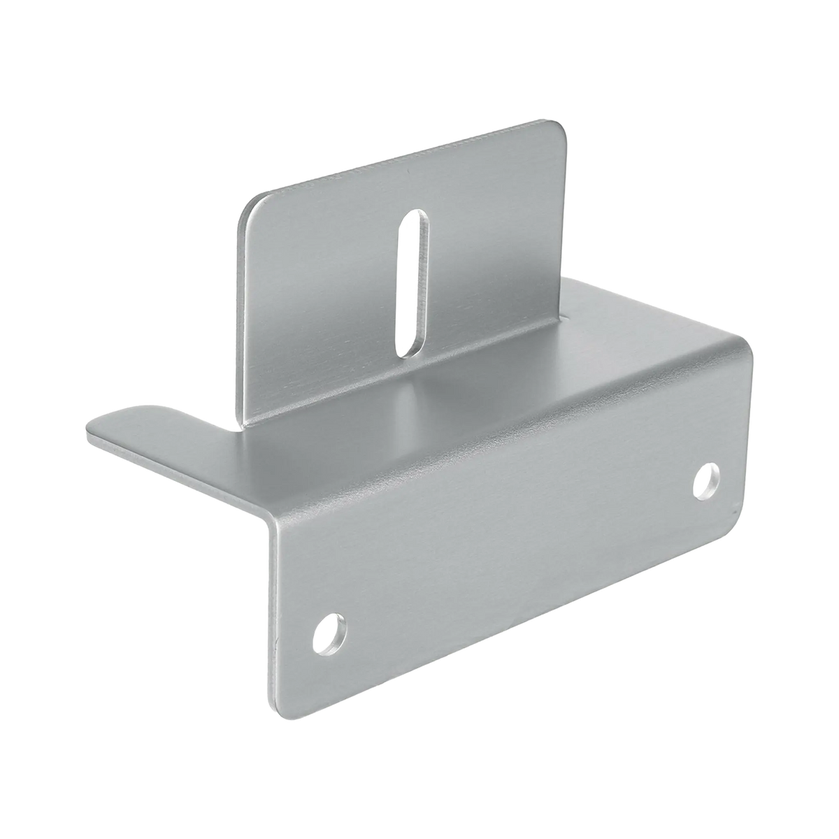 Rekcharge aluminium solar panel mounting bracket angled close up with a mounting slot and bolt holes.