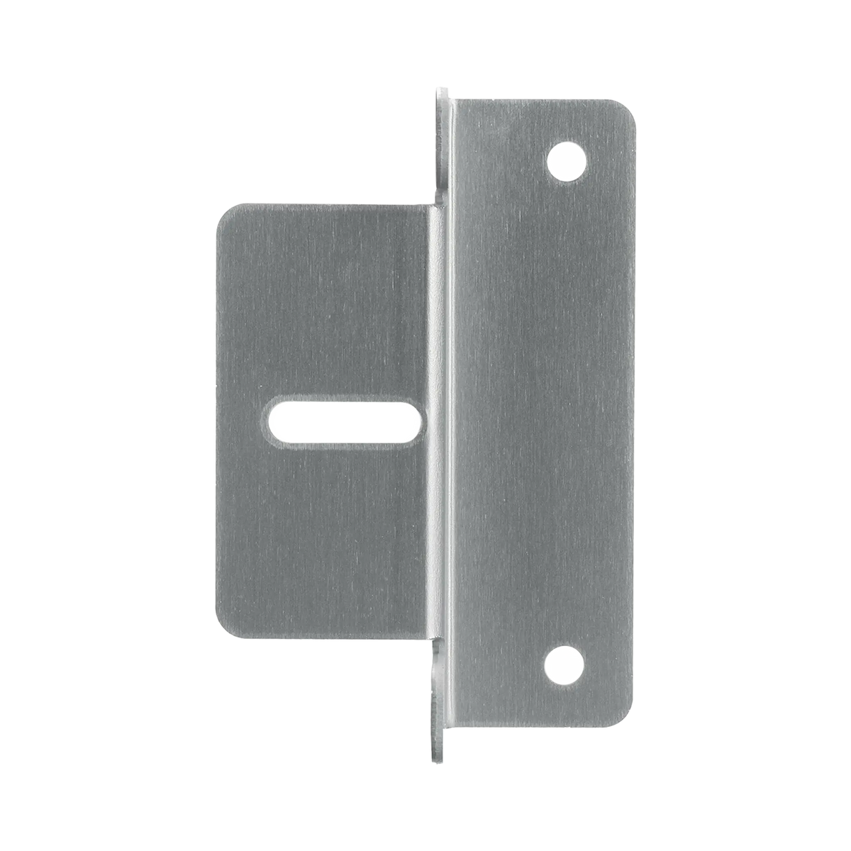 Rekcharge aluminium solar panel mounting bracket straight on view with an elongated slot and two round holes.