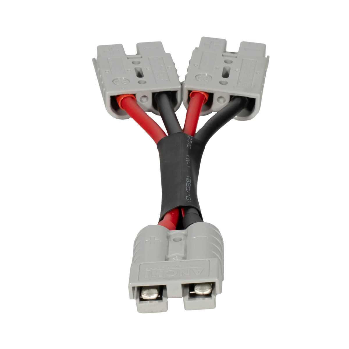 Rekcharge 50A two to one Anderson adaptor with positive and negative leads joining three grey plugs.