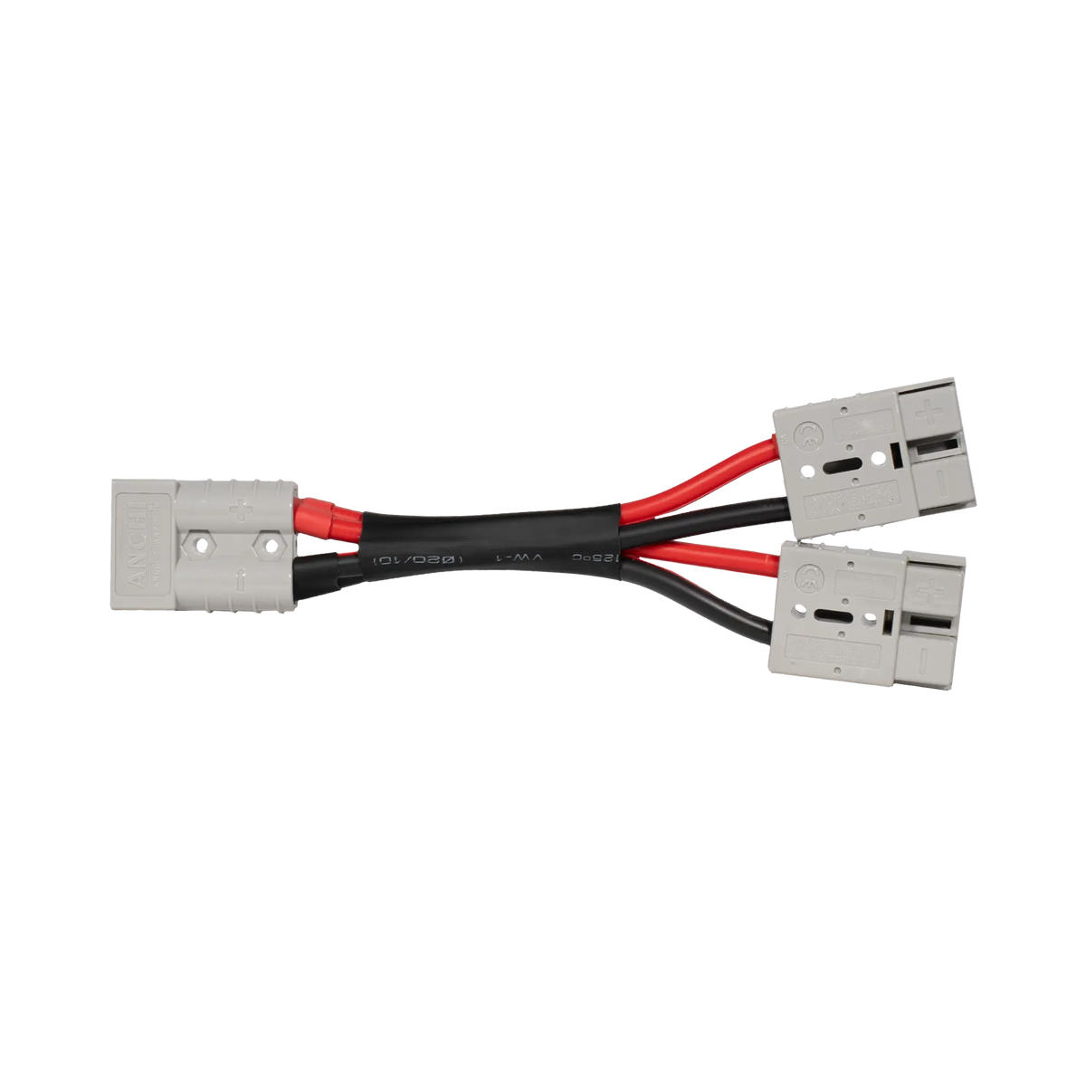 Rekcharge 50A two to one Anderson adaptor top view with one grey plug on the left and two on the right.