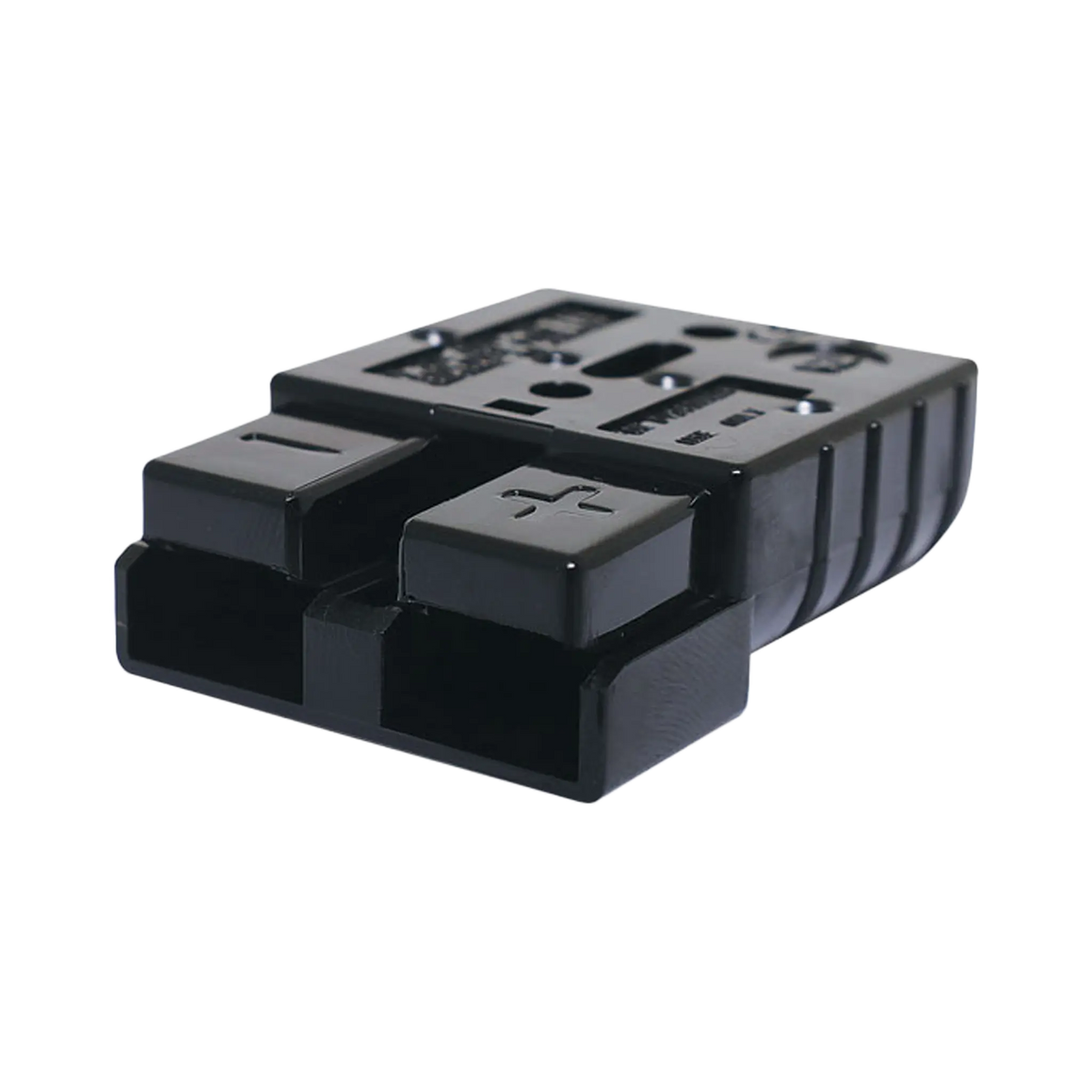 Rekcharge black 50A Anderson plug in a front right close up with polarity markings and contact openings visible.